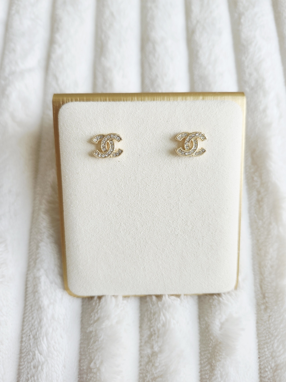 Chanel CC Logo Crystal Stud Earrings Gold Tone 23A